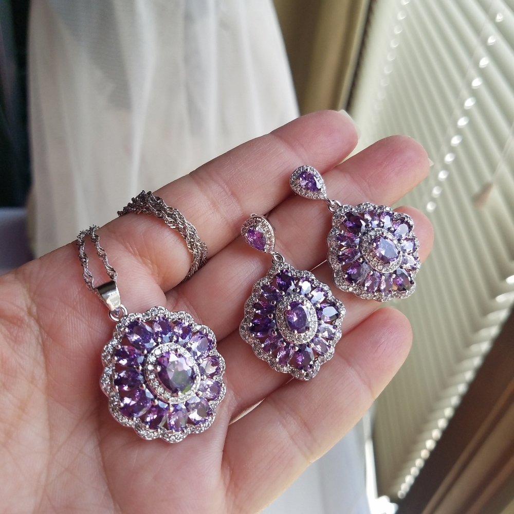 Swarovski Elements Amethyst Purple 925 Sterling Silver Statement Necklace NEW